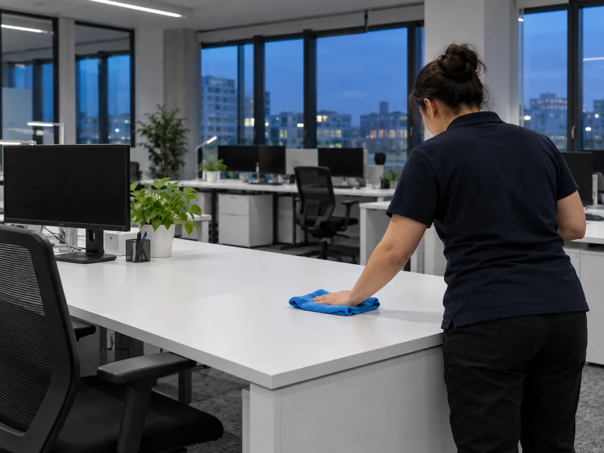 Reinigungskraft wischt am Abend einen Schreibtisch in einem leeren Büro