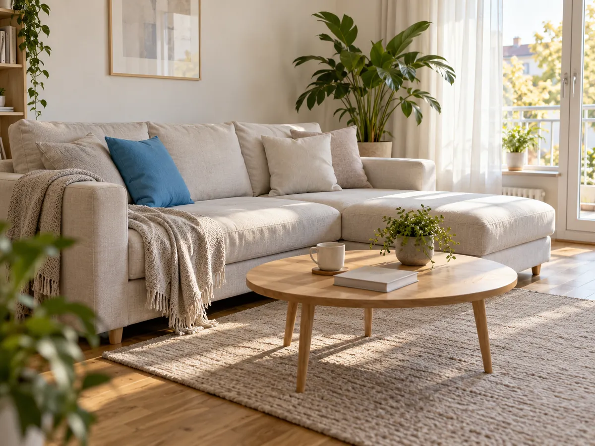 Aufgeräumtes, helles Wohnzimmer mit Sofa und Couchtisch